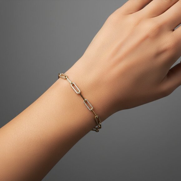 Paperclip Diamond Crafted 14K (or 18k upon request) Gold Link Bracelet - Picture 3 of 5